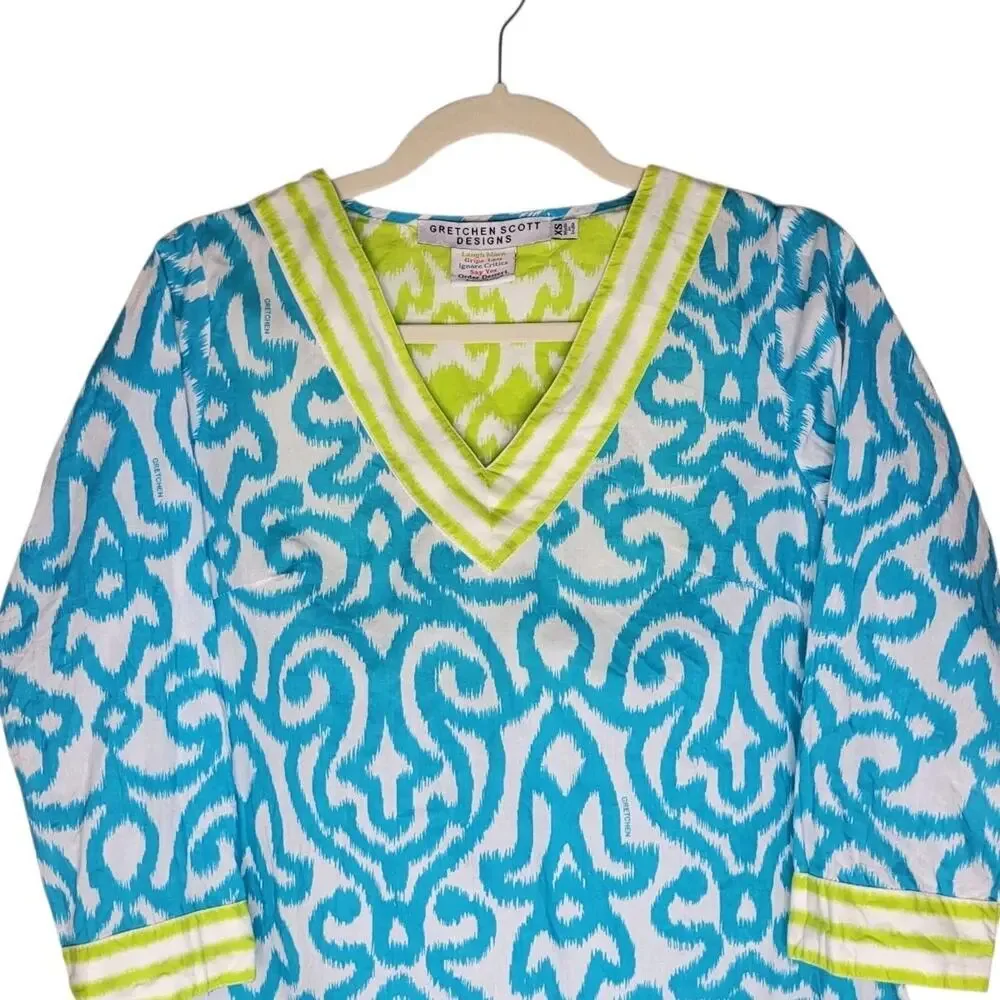 Gretchen Scott Tunic Top XS Tropical Geo 3/4 Sleeve Boho Lagum Cotton Resort - Picture 5 of 10